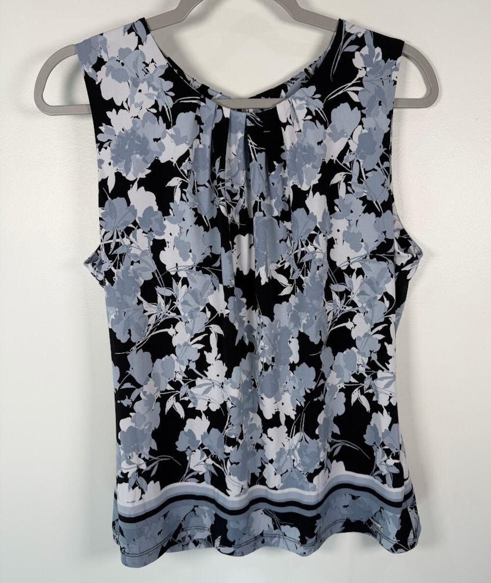 Calvin Klein Womens Sleeveless Pleat Neck Top L Black Gray White Floral Print